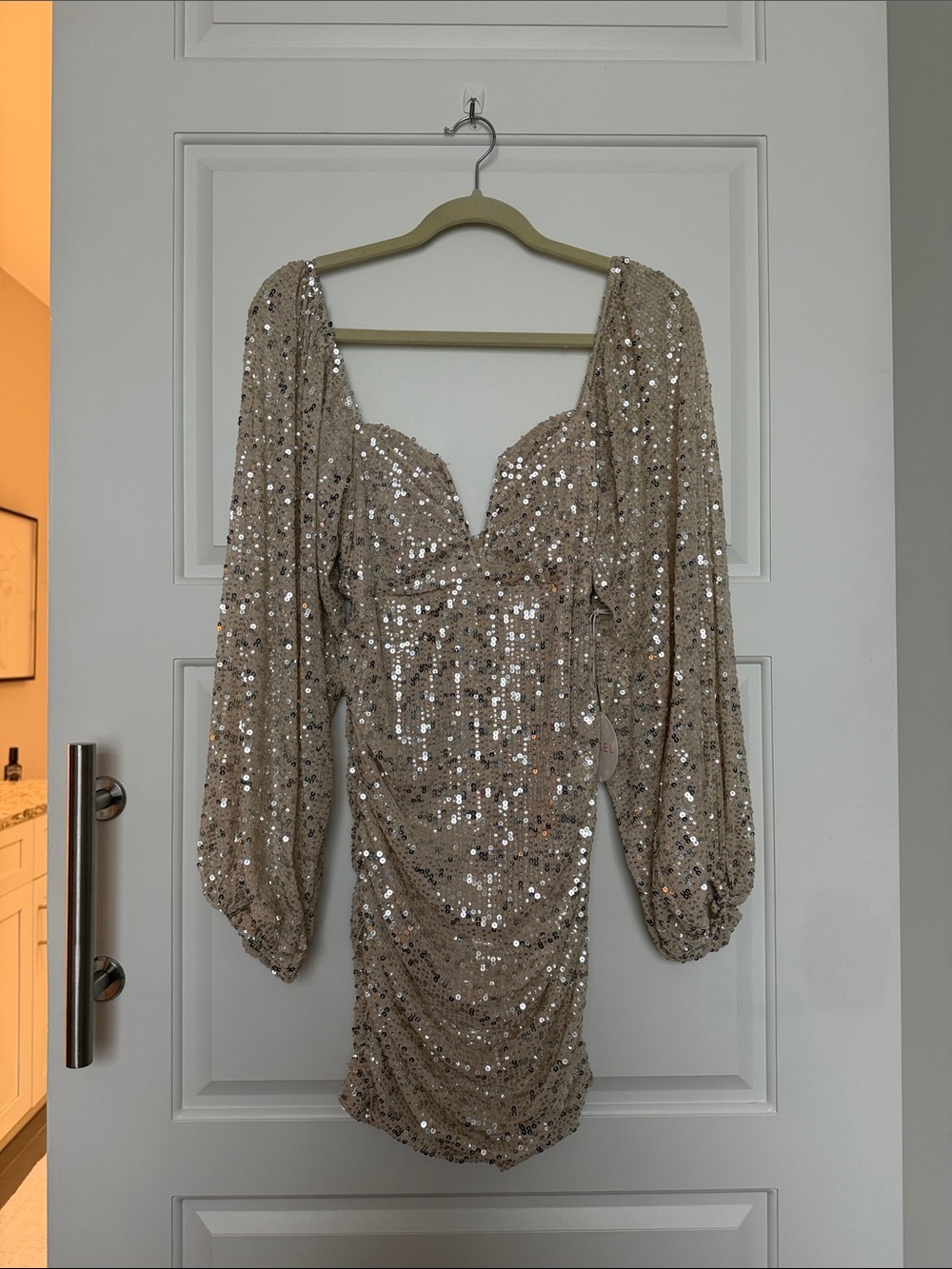 Luxxel Champagne Sequin Puff-Sleeve Mini Dress